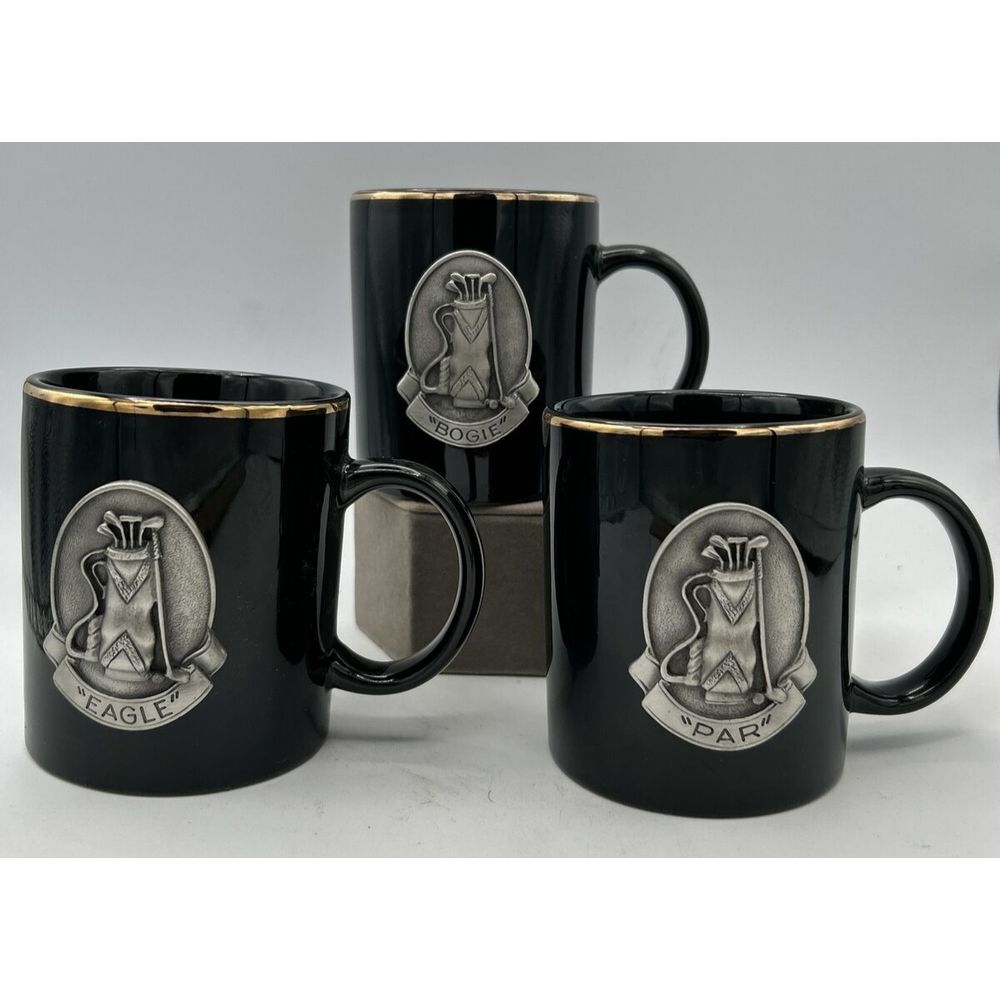 Golf Bag Cup Mug Black Pewter Emblem  Coffee Golfer "PAR" "Eagle" "Bogie"‎ Lot 3